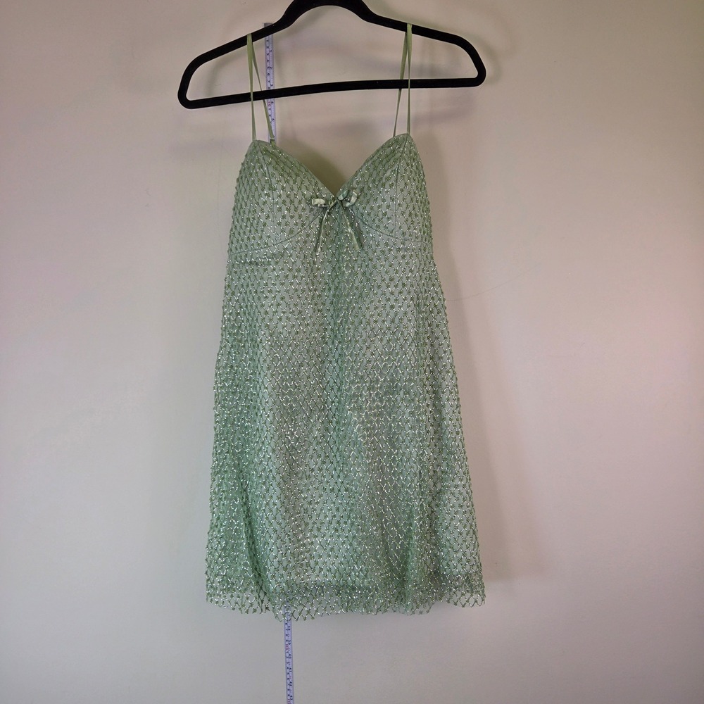 Crystal Doll Sage Green Beaded Silver Lattice Formal Gown Dress Large 4718